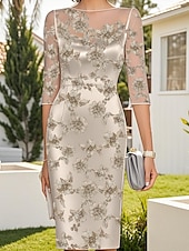 baratos Com jaqueta-Vestido de mãe da noiva de duas peças, elegante, simples, luxuoso, com decote redondo, comprimento chá, cetim, manga curta, com jaqueta de chiffon 2025