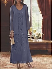 abordables Avec veste-Robe Mère de la Mariée Coupe Deux Pièces à la Plage Invité de Mariage Élégant Étincelle  Brillance Encolure en V Longueur Cheville Chiffon Sequins Manches Longues avec Sequins 2025 taille