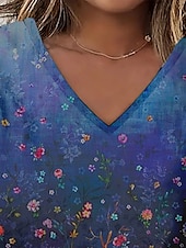 abordables T-shirt floral-Femmes T-shirt Hauts d&#039;été Fleuri Graphique Classique Occasionnel Manche Courte Col en V Hauts courts Quotidien Week-end Imprimé Bleu Été Printemps Automne