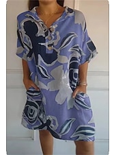abordables concevoir des robes en coton et lin-Femmes Mini Robe Robe Décontractée Occasionnel Coupe ajustée Graphique Imprimé Demi Manches Revers Blanche Jaune Rose Claire Bleu Été Automne