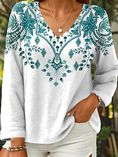 billige Kvinne Boho Topper-Dame Bluse Blomstret Grafisk Geometrisk Stilfull Fritid Langermet V-hals Vanlige topper Daglig Rød Blå Grønn Sommer Vår