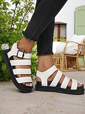 abordables Sandales de Vacances-Sandales blanches à brides et boucles pour femmes – Chaussures plates décontractées et sportives pour la marche quotidienne, les voyages et les sorties estivales
