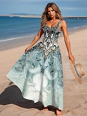 billiga Boho klänningar-Dam Maxiklänning A linjeklänning Off Shoulder Klänning Semester Ledigt Strandstil Fest Strand Normal Grafisk Paisley Bohemisk Ärmlös Fyrkantig hals Rundhals Salvia grön Sommar Vår