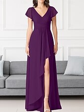 economico Abiti da damigella-Abito da damigella a trapezio, scollo a V, maniche lunghe, elegante, strascico a ruota in chiffon con pieghe e volant 2025