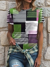 billige Stripe og geometrisk t-skjorte-Dame Bluse Grafisk Geometrisk Ruter Årgang Stilfull Klassisk Kortermet Crew-hals Rund hals Vanlige topper Daglig Lomme Knapper Rød Blå Lilla Grønn Sommer Vår