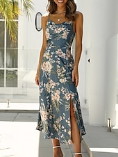 cheap Print Floral Dresses-Women&#039;s Midi Dress Floral Dress Boho Dress Print Dress Fashion Classic Outdoor Vacation Holiday Regular Fit Flower Sleeveless Spaghetti Strap Pink Navy Blue Orange Summer
