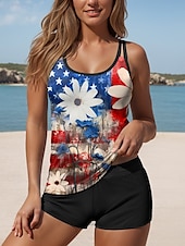 cheap Independence Day swimwear-Women&#039;s Swimsuits Patriotic  Tankini 2 Piece Boy Leg Swimsuit Backless Vacation Beach Wear Flag U Neck Sleeveless Bathing Suits