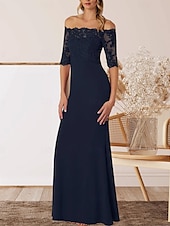 cheap Floor Length-A-Line Mother of the Bride Dress Wedding Guest Elegant Off Shoulder Floor Length Chiffon Half Sleeve with Lace