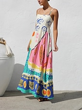 ieftine proiectează rochii din bumbac și in-Pentru femei Rochie Lunga Rochie Maxi Rochii de in bumbac Rochie casual Rochie Slip Modă În aer liber Petrecere Concediu Fit regulat Bloc Culoare Fără manșon Bretele Spagheti Albastru piscină Vară