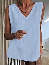 voordelige Overhemden-Dames Overhemd Linnen-geïnspireerde sets Blouse Effen Modern Casual Mouwloos V-hals Normale tops Dagelijks Feestdagen Zwart Blozend Roze Leger Groen Beige Grijs Zomer