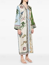 economico disegnare abiti in cotone e lino-Per donna Abito Lungo Maxi Abito Abiti in cotone e lino Vestito Casual Moda All&#039;aperto Feste Ferie Vestibilità regolare Animale Manica Lunga Colletto a Camicia Blu Estate