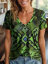billige Boho t-skjorte-Dame T skjorte Grafisk Geometrisk Årgang Stilfull Klassisk Kortermet V-hals Vanlige topper Daglig Trykt mønster Rød Blå Lilla Oransje Grønn Sommer Vår