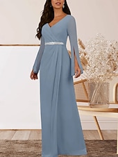 preiswerte Bodenlänge-A-Linie Brautmutterkleid Hochzeitsgast Elegant V Ausschnitt Bodenlang Chiffon Langarm mit Kristalle Raffung 2025