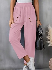 abordables Pantalon uni en coton et lin-Femmes Pantalon en coton et lin Slacks Mode Streetwear Longueur complète Naturel Uni Avec Poches Taille Élastique Confortable Sortir Week-end Chameau Noir Rose Bleu Été Coupe régulière