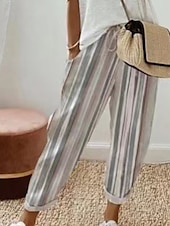economico Pantaloni in cotone e lino con grafica-Per donna Pantaloni in cotone e lino Pantaloni Eleganti Casual Lunghezza intera Naturale A righe Tasca Design con Coulisse Elastica All&#039;aperto Confortevole Streetwear Uscire Bianco Blu Cachi Estate