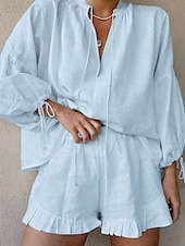 voordelige Stelt in-Dames Actief Overhemd Blouse Shorts Sets Lange mouw V-hals Effen Kleur Met ruches Buiten Feestdagen Wit Blozend Roze Zwembad Zomer Normale pasvorm