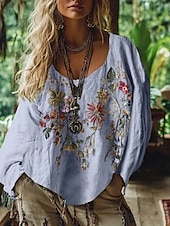 billige Boho topper-damebluse vestlig bohemsk skjortebluse blomst moderne avslappet langermet v-hals vanlig topper daglig ferie ute trykk hvit rosa blå lilla grønn sommer høst