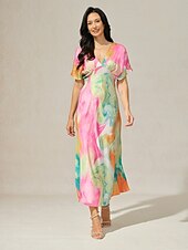 abordables Robes à motifs-robe d&#039;invitée de mariage pour femme, imprimé ombré, col en V, robe midi élégante, rendez-vous, manches courtes, coupe régulière, vacances, quotidien, robe d&#039;été