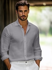 preiswerte Freizeitanzüge-Herrenhemd Leinenhemd klassisch lässig Strandhemd Standard Fit Langarm Revers einfarbig Baumwolle Leinen weiß beige grau