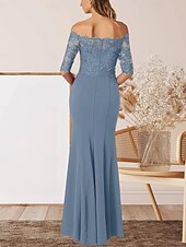 cheap Floor Length-A-Line Mother of the Bride Dress Wedding Guest Elegant Off Shoulder Floor Length Chiffon Half Sleeve with Lace