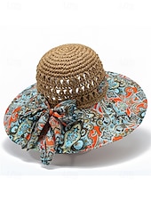 cheap Women&#039;s Hats-Women&#039;s Wide Brim Straw Sun Hat with Colorful Ethnic Print Bow – Boho Style Foldable Beach Hat for Summer Travel and Vacation