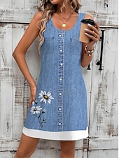 ieftine rochie florală-Pentru femei Rochie Mini Rochie de Vară Rochie A line Rochie de vară Vacanță Casual Zilnic Fit regulat Floral Grafic Fără manșon În U Bleumarin Albastru piscină Vară