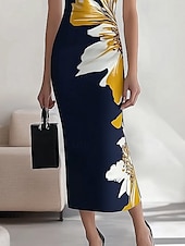 economico Abiti eleganti floreali-Per donna Abito Midi Abito Floreale Abito Stampato Elegante Moda All&#039;aperto Vacanza Ferie Vestibilità regolare Fiore Senza Maniche Scollo a V Blu marino Estate