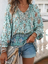 cheap Boho Tops-Women&#039;s Boho Shirt Blouse Flower Modern Boho Long Sleeve V Neck Regular Tops Daily Going out Print Yellow Pink Navy Blue Blue Orange Summer
