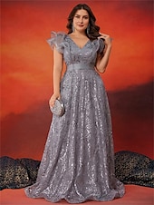 economico Champagne-Abiti A-Line Taglia Plus Elegante Abito Curve Formale per Matrimonio Lunghezza Della Terra Senza Maniche Collo A V In Paillettes 2025
