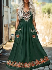abordables Robes Bohémiennes-Femmes Robe Longue Maxi Robe Robe Décontractée Robe évasée Robe d&#039;été Robe bohème ancien Vacances Quotidien Fête Coupe régulière Fleuri Sans manches Col en V Vert Été