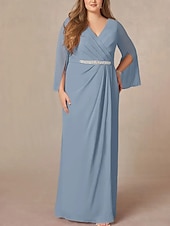 preiswerte Bodenlänge-A-Linie Brautmutterkleid Hochzeitsgast Elegant V Ausschnitt Bodenlang Chiffon Spitze Langarm mit Falten Perlenstickerei Raffung 2025