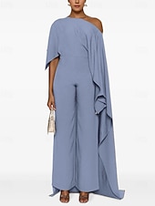 cheap Mom&#039;s Jumpsuits-Jumpsuit Mother of the Bride Dress Elegant Simple Casual One Shoulder Floor Length Spandex Stretch Fabric Sleeveless with Cascading Ruffles Solid Color