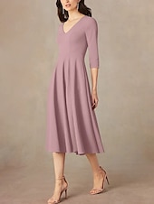 economico Lunghezza del tè-Abito A-Line madre della sposa ospite matrimonio elegante minimalista scollatura a V lunghezza tè in raso italiano manica a tre quarti con drappeggio