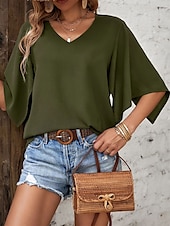 baratos Blusas Simples Femininas-Mulheres Tops de verão Tecido à moda Meia Manga Manga Morcego Decote V Tops regulares Diário Marron Verde Verão