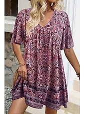 tanie Sukienki kwiatowe-Damskie Sukienka mini Sukienka A line Letnie sukienki Urlop Codzienny Boho Codzienny Święto Regularny W Tureckie Wzory Krótki rękaw W serek Żółty Fioletowy Lato