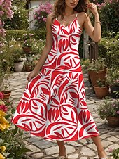 cheap Floral Dress-Women&#039;s Maxi Dress A Line Dress Summer Dress Slip Dress Elegant Vacation Casual Regular Fit Floral Graphic Geometric Sleeveless V Neck Spaghetti Strap Red Blue Purple Orange Summer Spring