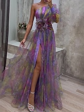 preiswerte Elegante Blumenkleider-Damen Langes Kleid Maxikleid Abschlussballkleid Partykleid Mode Modern Party Abendgesellschaft Teegesellschaft Normale Passform Blume Langarm Ein-Schulter Gelb Rote Purpur Sommer
