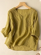 ieftine Cămăși-Cămașă de damă din bumbac și in, model floral, simplu, etnic, casual, mânecă 3/4, decolteu în V, croială regulată, topuri, zi de zi, brodat, galben, albastru marin, violet, portocaliu, caisă, vară