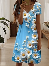 abordables Robes fleuries-Femmes Mini Robe Robe T-Shirt Robe d&#039;Été Robe trapèze Robe d&#039;été Vacances Occasionnel Quotidien Fête du thé Sortir Coupe régulière Fleuri Graphique Manche Courte Col en V Vert Claire Bleu Bleu Ciel