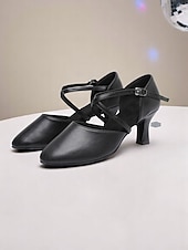 preiswerte Schuhe für Standardtanz und Modern Dance-Schwarze Latein-Tanzschuhe für Damen mit gekreuzten Riemen und geschlossener Spitze und niedrigem Absatz – bequeme Performance-Ballsaalschuhe für Anfänger und Gesellschaftstänzer