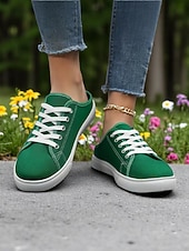 economico Sneakers da donna-Sneakers slip-on da donna in tela verde con lacci – comode scarpe da ginnastica senza schienale, ideali per passeggiate, shopping, corse a scuola e giornate estive informali