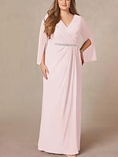 preiswerte Bodenlänge-A-Linie Brautmutterkleid Hochzeitsgast Elegant V Ausschnitt Bodenlang Chiffon Spitze Langarm mit Falten Perlenstickerei Raffung 2025