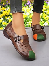 levne Dámské boty s plochou podrážkou-Dámské volnočasové boty širokého střihu z umělé kůže – pohodlné barefoot boty v barevných blokech, prodyšné výřezy, nastavitelný pásek s přezkou, ideální na procházky po zahradě, víkendové výlety i každodenní nošení