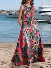preiswerte Druck Blumen Kleider-Damen Maxikleid A Linie Kleid Sommerkleid Boho Täglich Ferien Normale Passform Grafik Farbblock Ärmellos Rundhalsausschnitt Rosa Rote Grün Sommer