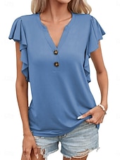 preiswerte Einfarbiges T-Shirt-Damen T Shirt Einfach Mode Modern Lässig Kurzarm V Ausschnitt Normale Oberteile Täglich Wochenende Rüsche Knöpfe Weiß Blau Dunkelgrün Grün Grau Sommer