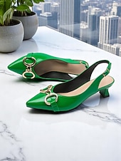 cheap Slingback Pumps-Women's Green Glossy Slingback Kitten Heels with Buckle Detail – Elegant Pointed Toe Pumps, Perfect for Office Attire, Conference Looks, Cocktail Events &amp; Summer Work Outfits