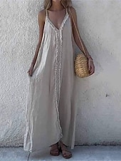 levne designové bavlněné a lněné šaty-Dámské Dlouhé šaty Maxi šaty Šaty inspirované plátnem Bavlněné lněné šaty Slip Dress Boho šaty Vinobraní Módní Venkovní Párty Dovolená Běžný Bez vzoru Bez rukávů Do V Hnědá Trávová zelená Světle šed