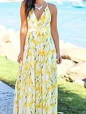 preiswerte Lässige Blumenkleider-Damen Midikleid Blumenkleid Mode Sommerkleid Normale Passform Grafik Ärmellos V Ausschnitt Schwarz Weiß Gelb Sommer