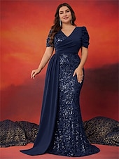 preiswerte BLAU-Meerjungfrau  Trompete Plus Size Kleider Elegantes Kurvenkleid Formelles Hochzeitskleid Bodenlang Kurzarm V-Ausschnitt Pailletten mit Pailletten 2025