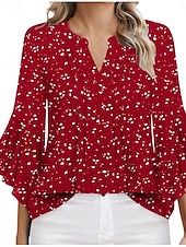 abordables Hauts Floraux-Femmes Chemise Couleur Unie Fleuri Élégant Occasionnel Manche 3/4 Col en V Hauts Réguliers Quotidien A Volants Imprimé Blanche Rose Claire Rouge Vert Été Printemps